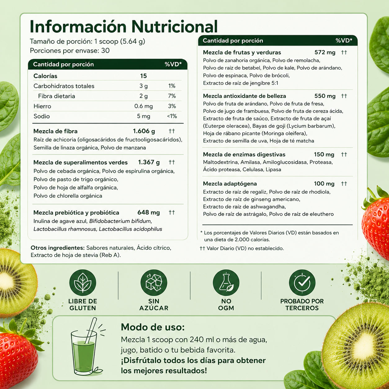 🌿 Bloom Greens & Superfoods – Sabor Fresa Kiwi 🍓🥝