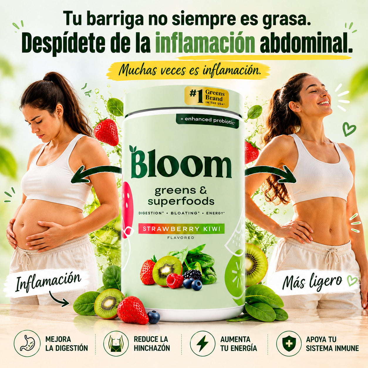 🌿 Bloom Greens & Superfoods – Sabor Fresa Kiwi 🍓🥝