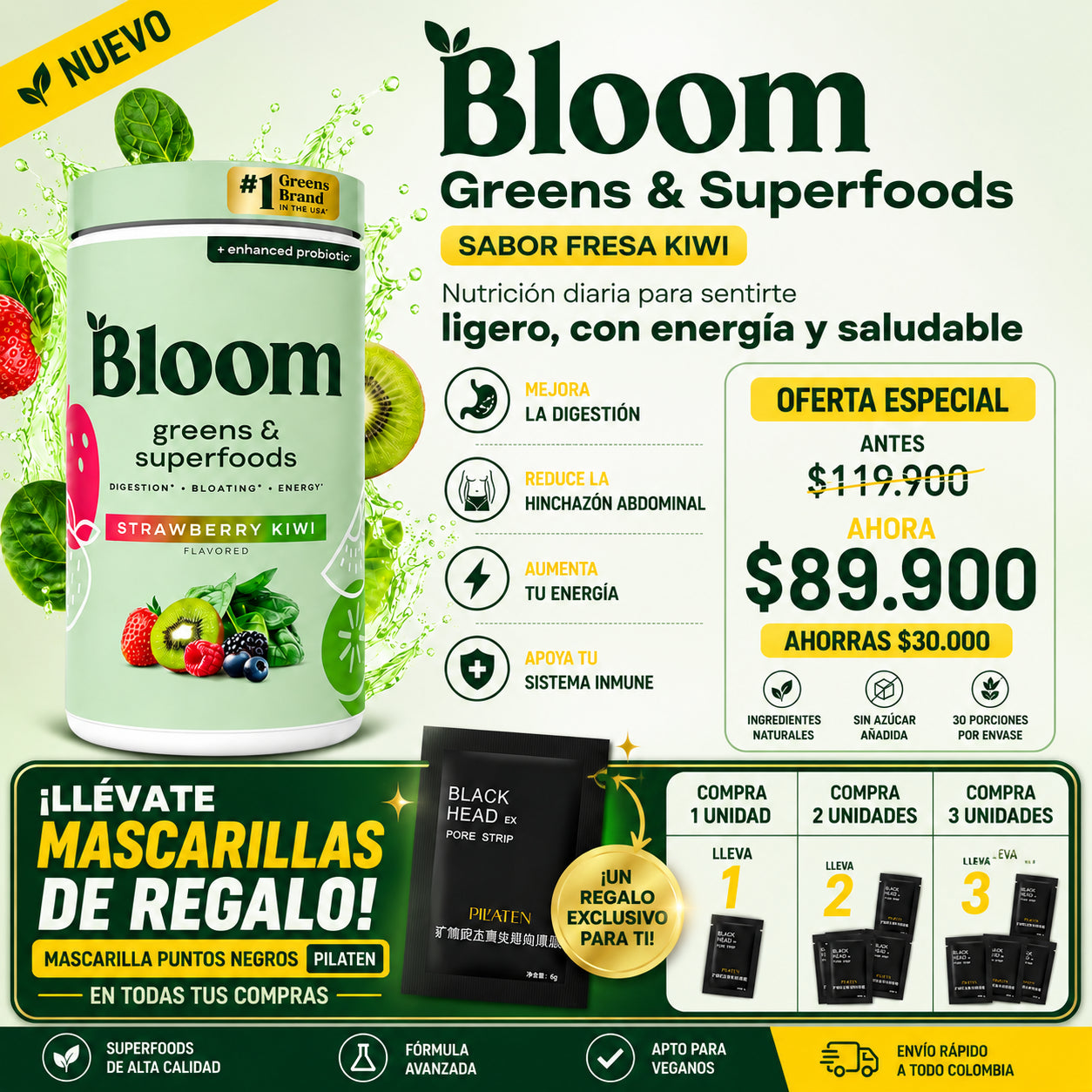 🌿 Bloom Greens & Superfoods – Sabor Fresa Kiwi 🍓🥝
